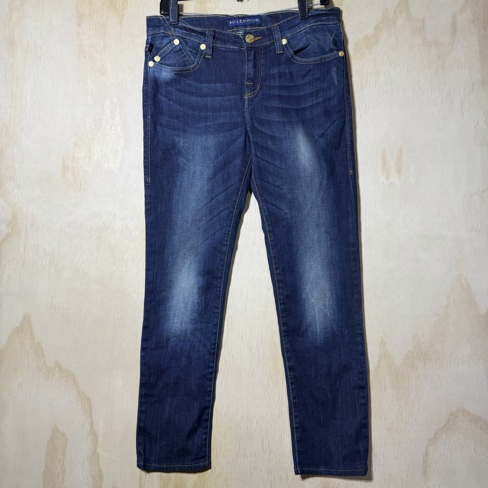 Rock &‎ Republic Jeans Womens 8 Blue Skinny Stretch Dark Wash Distressed
